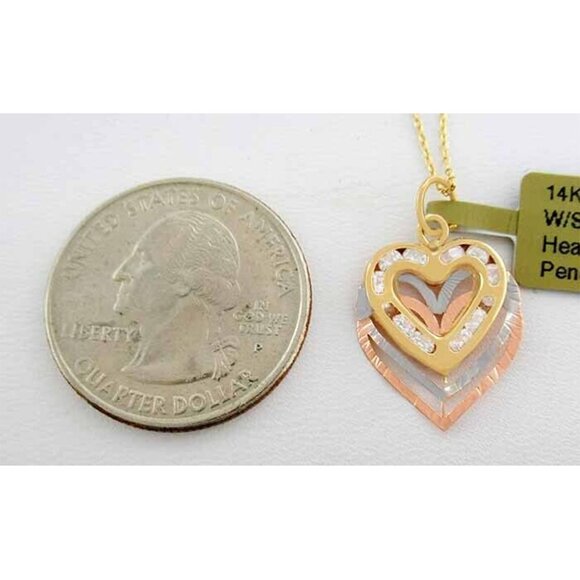 Created White Sapphire Heart Necklace 14k Tri Tone Gold - Picture 3 of 3